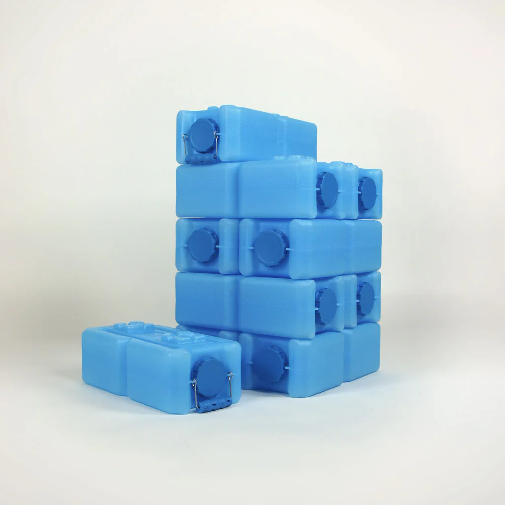 Water bricks stored neatly in a cool dark pantry area